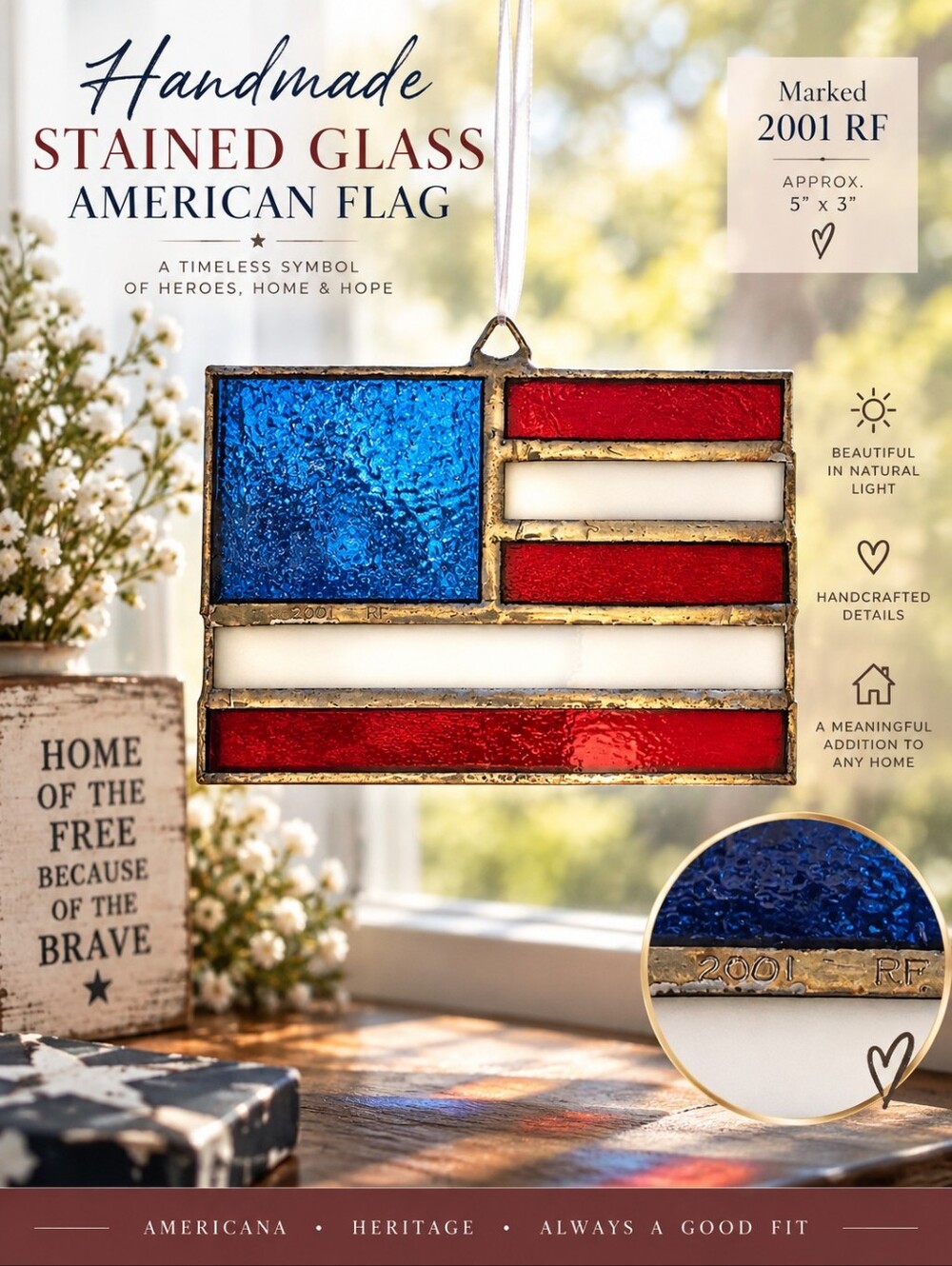 2001 Handmade Stained Glass American Flag Suncatcher 5x3 Signed RF